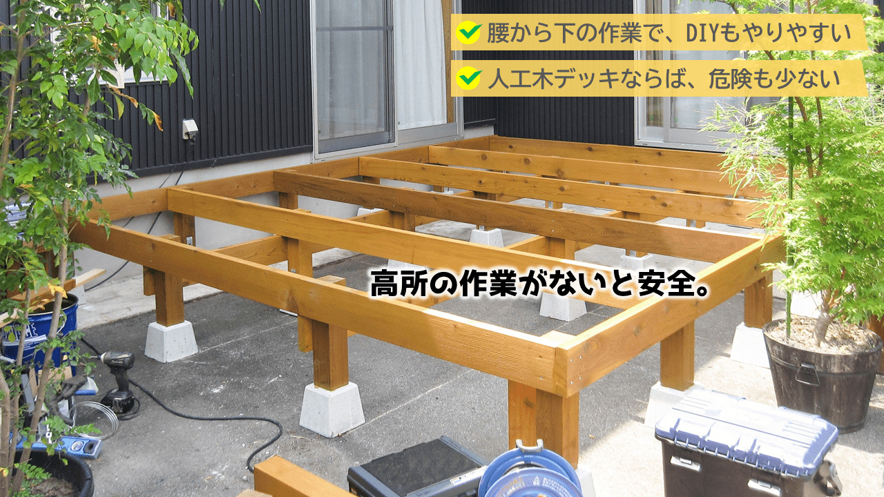 人工木ウッドデッキは、キッドタイプになっているので特殊な加工もいらず、組み立てるだけで完成します。