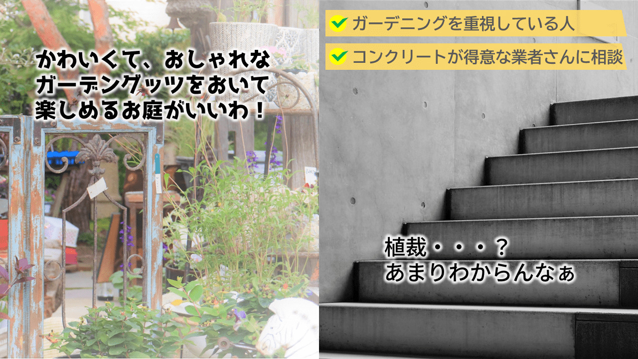 例えば、ガーデニングに重点をおきたい方が、コンクリート工事が得意な業者に相談したとしましょう。
