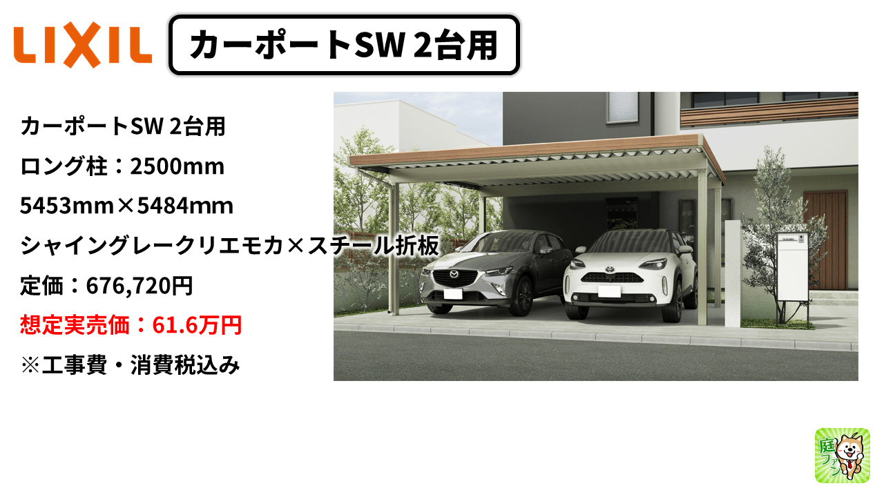 カーポートSW木目調の2台用になると、倍+αで61.6万円。