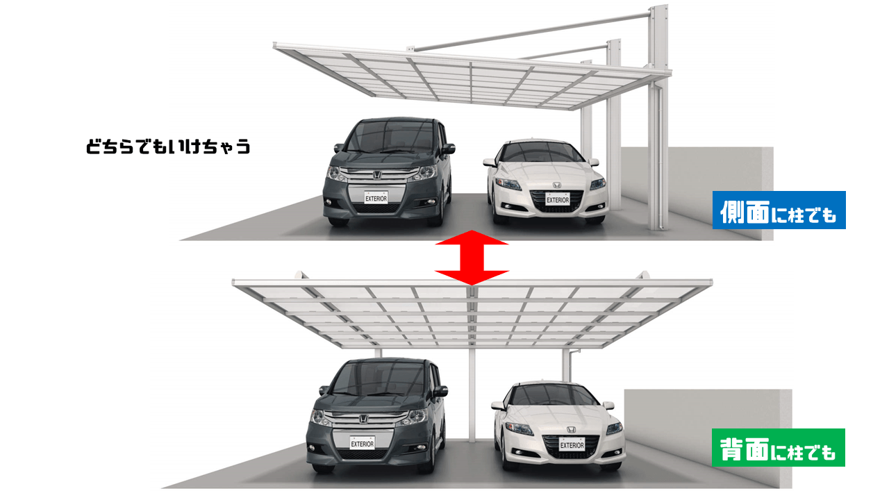 柱が横でも後ろでも設置でき、二面性のあるカーポート。