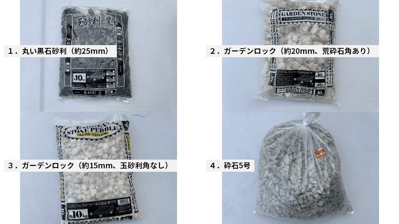 忖度なし、4種類の砂利を固めて強度実験