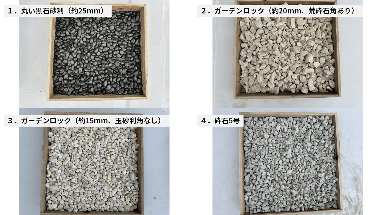 忖度なし、4種類の砂利を固めて強度実験